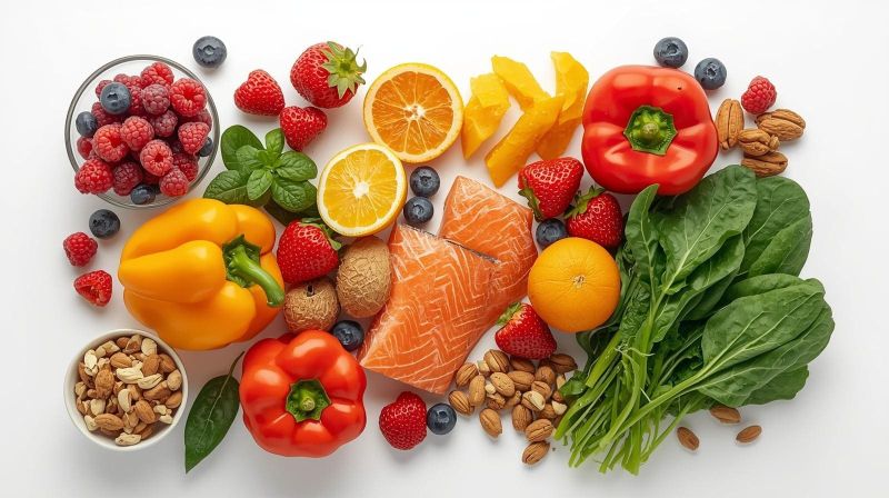 Imagem de alimentos saudáveis como frutas, verduras e peixes