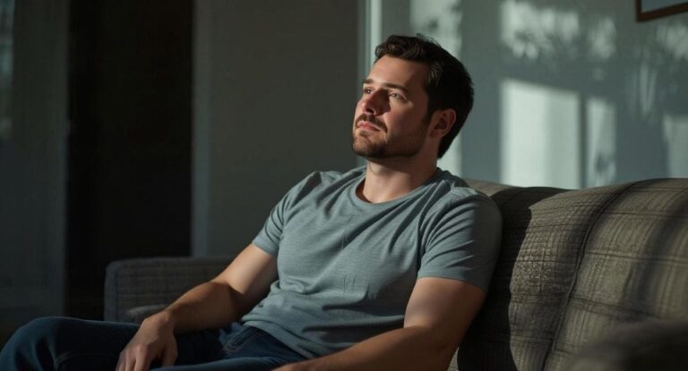 Homem refletindo sobre ansiedade de desempenho e dificuldades de ereção