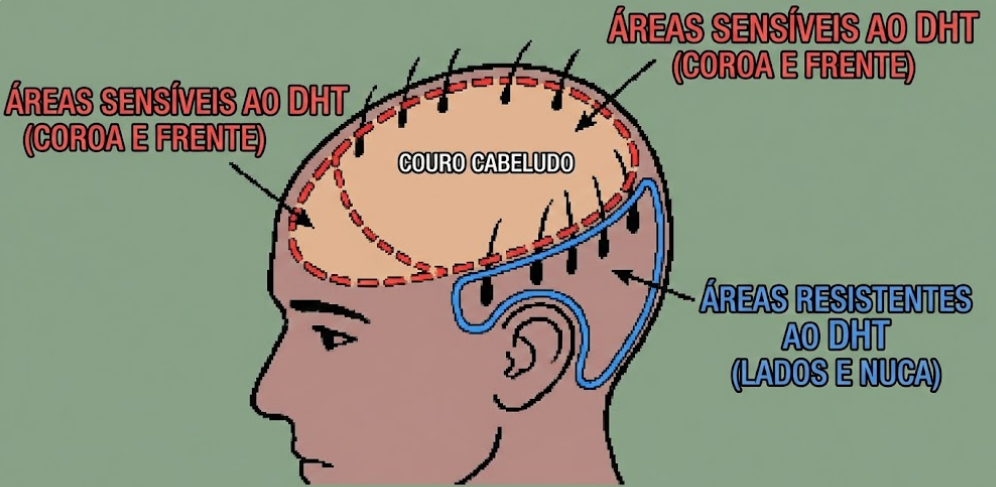 Áreas do couro cabeludo afetadas pela alopecia androgenética