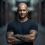 Homem confiante em ambiente urbano, com postura firme e expressão séria, simbolizando autoconfiança e aceitação pessoal.