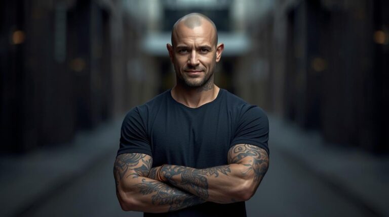 Homem confiante em ambiente urbano, com postura firme e expressão séria, simbolizando autoconfiança e aceitação pessoal.