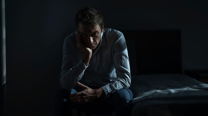 Homem lidando com ansiedade de desempenho antes da relação sexual