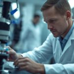 Foto de um médico cientista fazendo análise e estudo em uma laboratório para cura da calvície