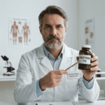 Médico explicando dados científicos sobre finasterida e impotência, em consultório clínico.