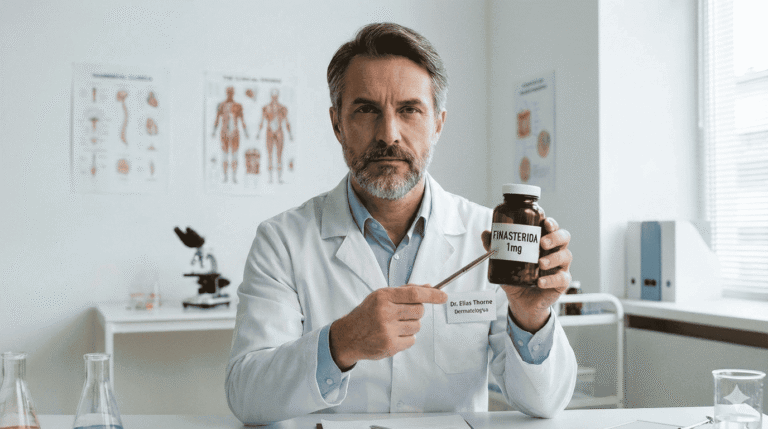 Médico explicando dados científicos sobre finasterida e impotência, em consultório clínico.