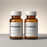 Comparação entre finasterida e dutasterida para tratamento da calvície, com frascos lado a lado em ambiente clínico.