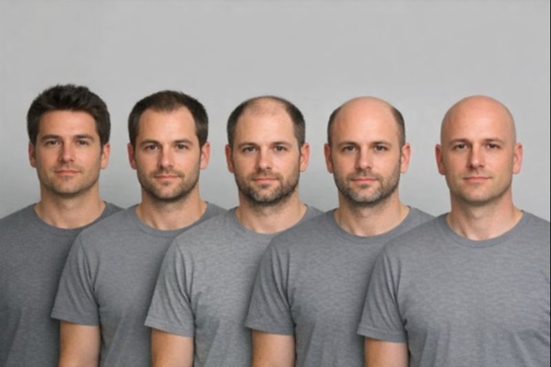 Homens em diferentes estágios de calvície, mostrando que há tratamento