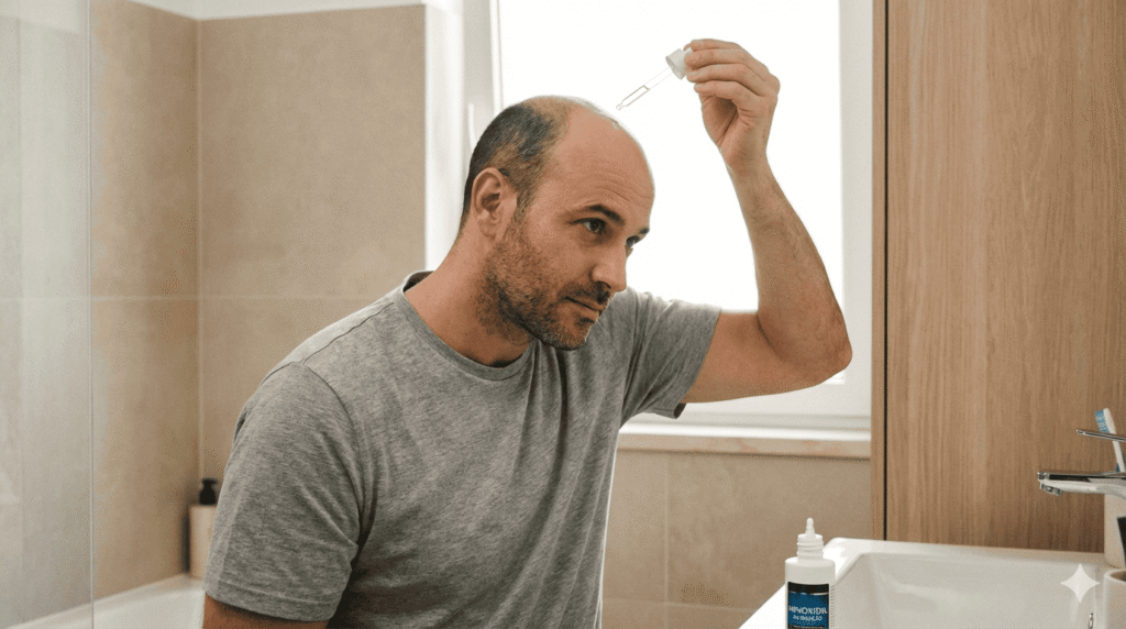 imagem mostrando homem calco e com entradas aplicando minoxidil