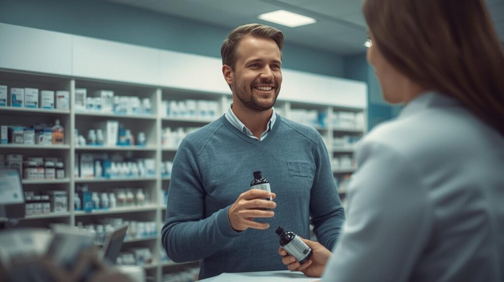 Homem comprando minoxidil em farmácia, com orientação do farmacêutico, para tratamento da calvície.
