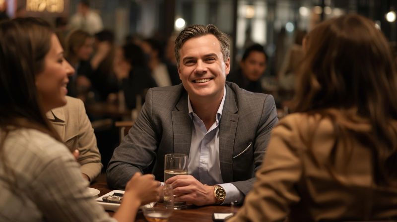 Homem rodeado de amigas descontraido e seguro conversando tranquilamente num bar