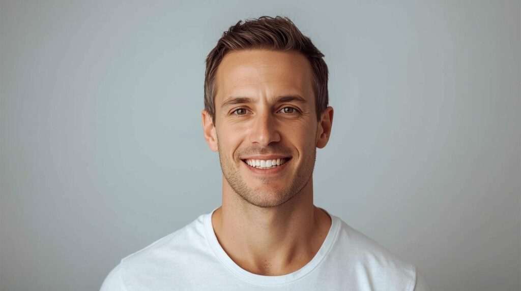 Homem após implante capilar mostrando resultado natural e discreto