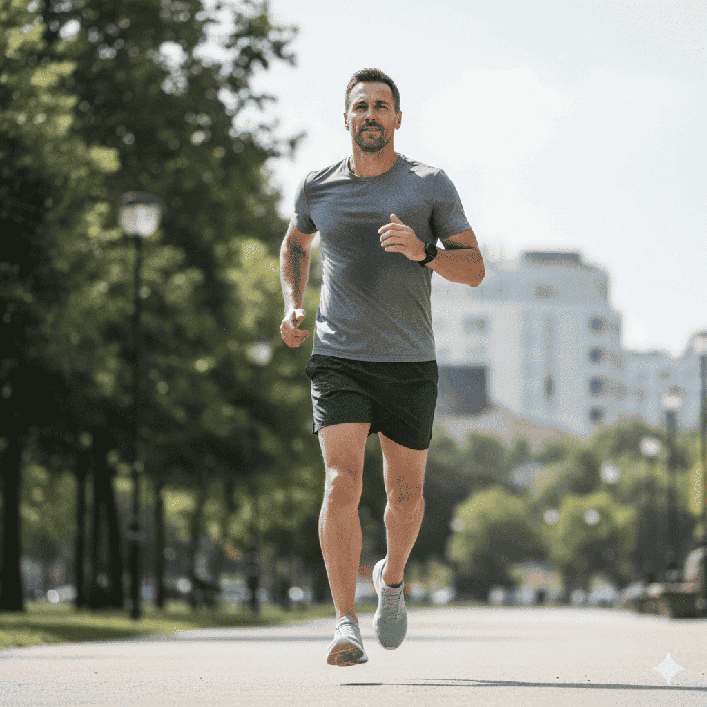 Homem correndo ao ar livre, praticando exercício físico para saúde e bem-estar.