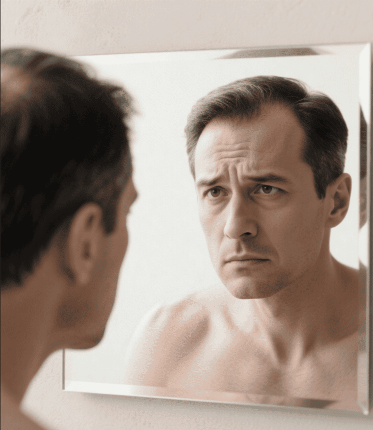 Homem observando a calvície no espelho antes de planejar implante capilar