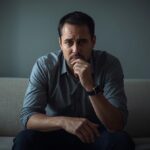 Homem pensativo refletindo sobre causas físicas e psicológicas da disfunção erétil