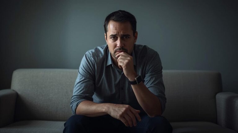Homem pensativo refletindo sobre causas físicas e psicológicas da disfunção erétil