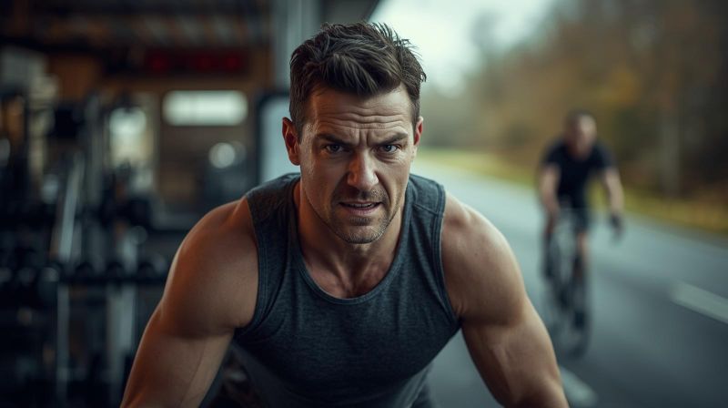 Homem praticando atividade física (academia, corrida ou bicicleta), simbolizando disciplina e melhora da autoestima. 