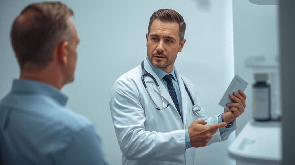 Médico dermatologista orientando um paciente sobre o uso de finasterida para tratamento da calvície, em consultório