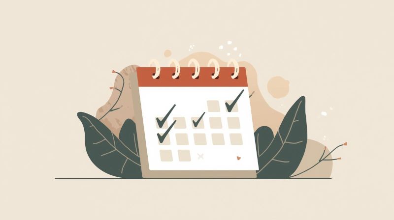 Ilustração minimalista de calendário com checkmarks, simbolizando rotina e disciplina para recomeçar