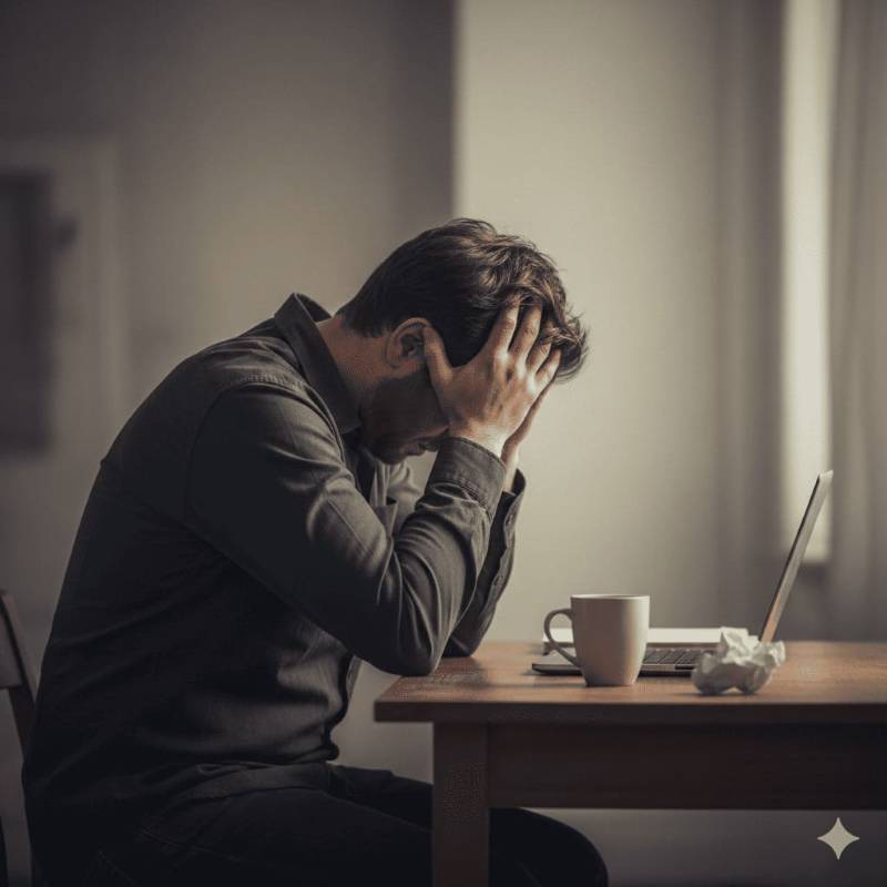 Homem com a cabeça nas mãos, demonstrando estresse e ansiedade.